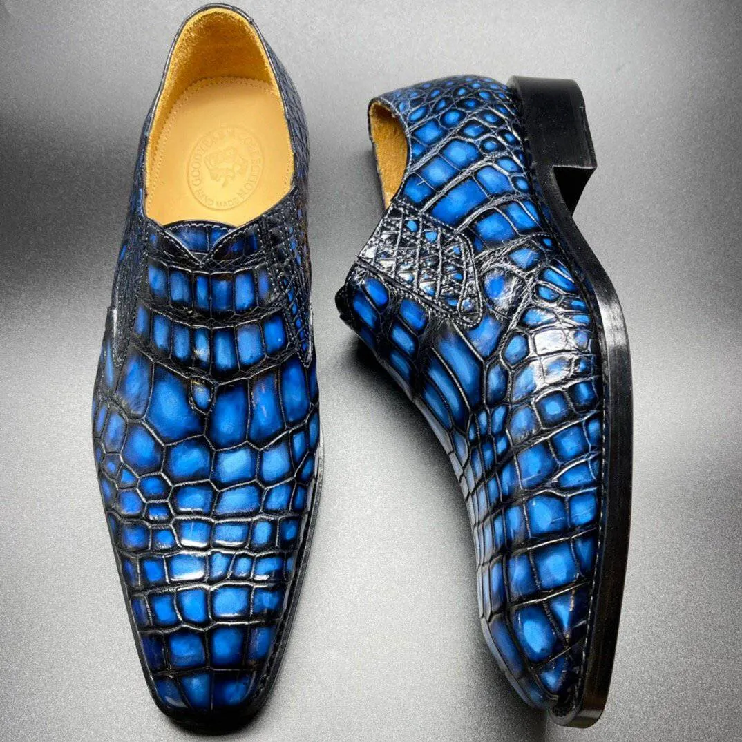 Crocodile Shoes Genuine Crocodile Leather Mens Penny Loafers Dress Shoes Hand Painted Vintage Blue