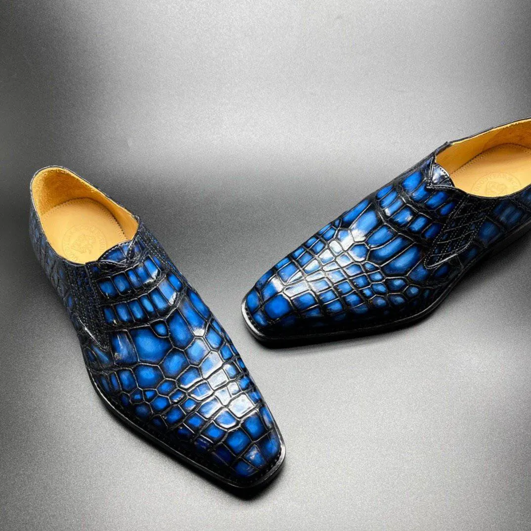 Crocodile Shoes Genuine Crocodile Leather Mens Penny Loafers Dress Shoes Hand Painted Vintage Blue