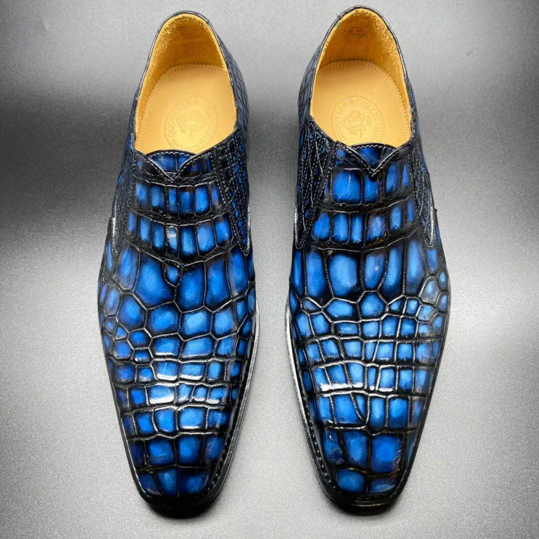 Crocodile Shoes Genuine Crocodile Leather Mens Penny Loafers Dress Shoes Hand Painted Vintage Blue