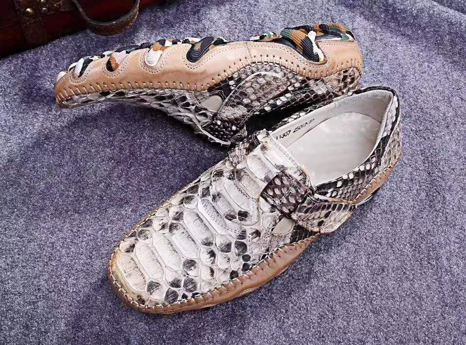 Crocodile Shoes Genuine Python Leather  Men's White Slip-On Loafer Shoes