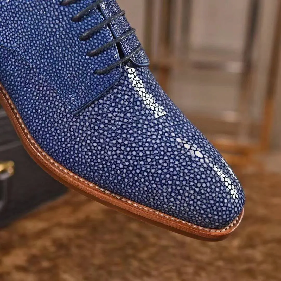 Crocodile Shoes GenuinePearl Stingray Leather Mens Wingtip Formal Lace up Wedding Office Shoes Blue