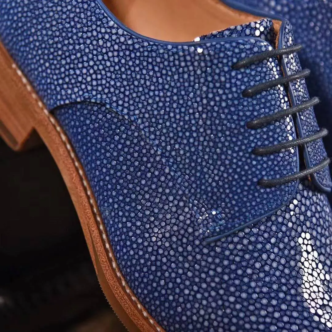 Crocodile Shoes GenuinePearl Stingray Leather Mens Wingtip Formal Lace up Wedding Office Shoes Blue