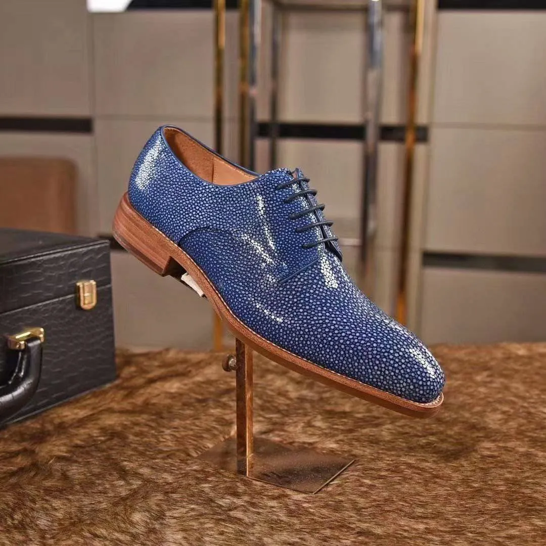 Crocodile Shoes GenuinePearl Stingray Leather Mens Wingtip Formal Lace up Wedding Office Shoes Blue