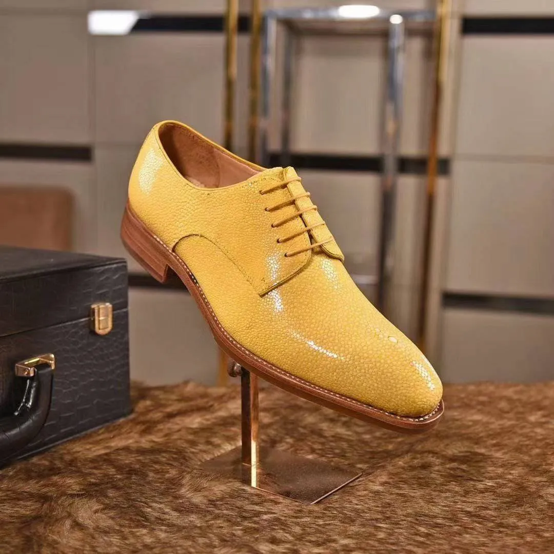 Crocodile Shoes GenuinePearl Stingray Leather Mens Wingtip Formal Lace up Wedding Office Shoes Yellow