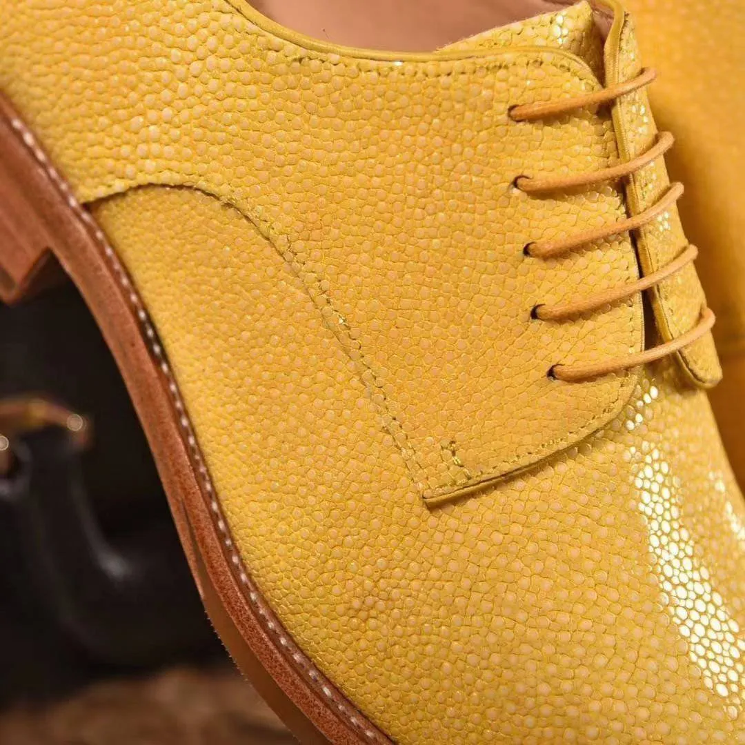 Crocodile Shoes GenuinePearl Stingray Leather Mens Wingtip Formal Lace up Wedding Office Shoes Yellow