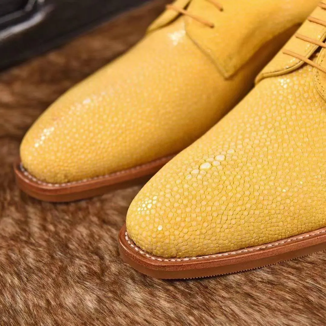 Crocodile Shoes GenuinePearl Stingray Leather Mens Wingtip Formal Lace up Wedding Office Shoes Yellow