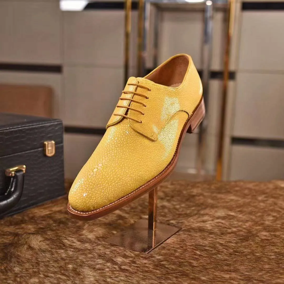 Crocodile Shoes GenuinePearl Stingray Leather Mens Wingtip Formal Lace up Wedding Office Shoes Yellow