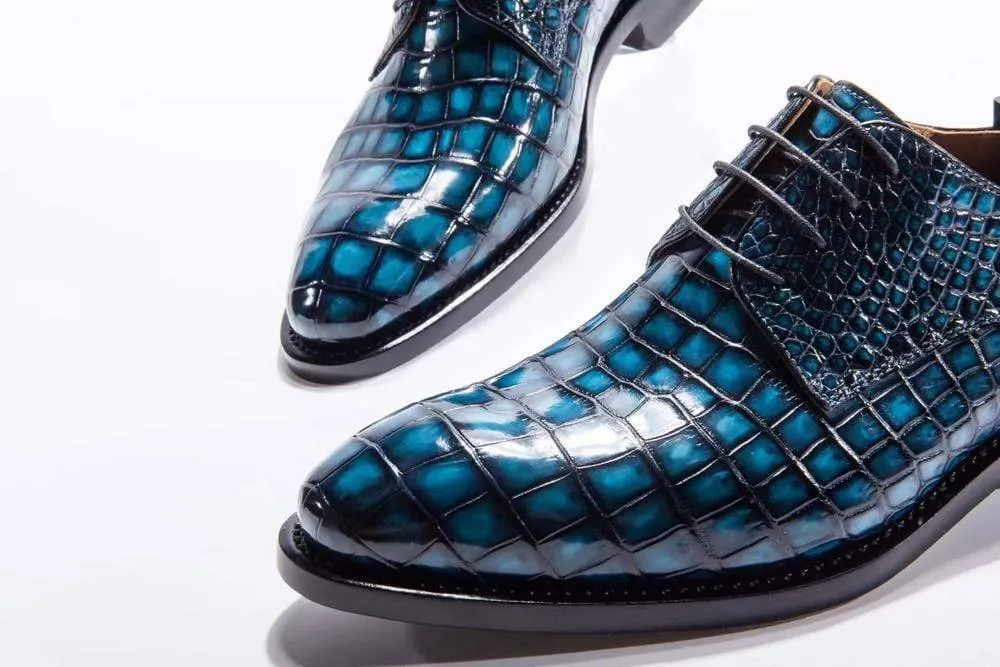 Crocodile Shoes Goodyear Welted Handmade Men Crocodile Leather Lace-Up Shoes,Teal Blue Mens Dress  shoes