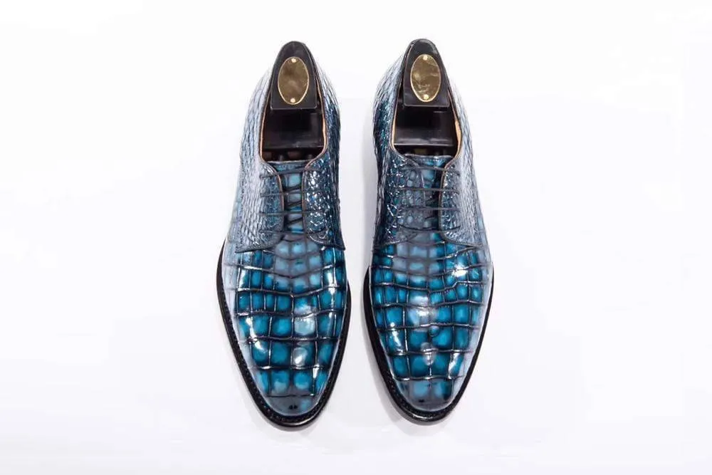 Crocodile Shoes Goodyear Welted Handmade Men Crocodile Leather Lace-Up Shoes,Teal Blue Mens Dress  shoes