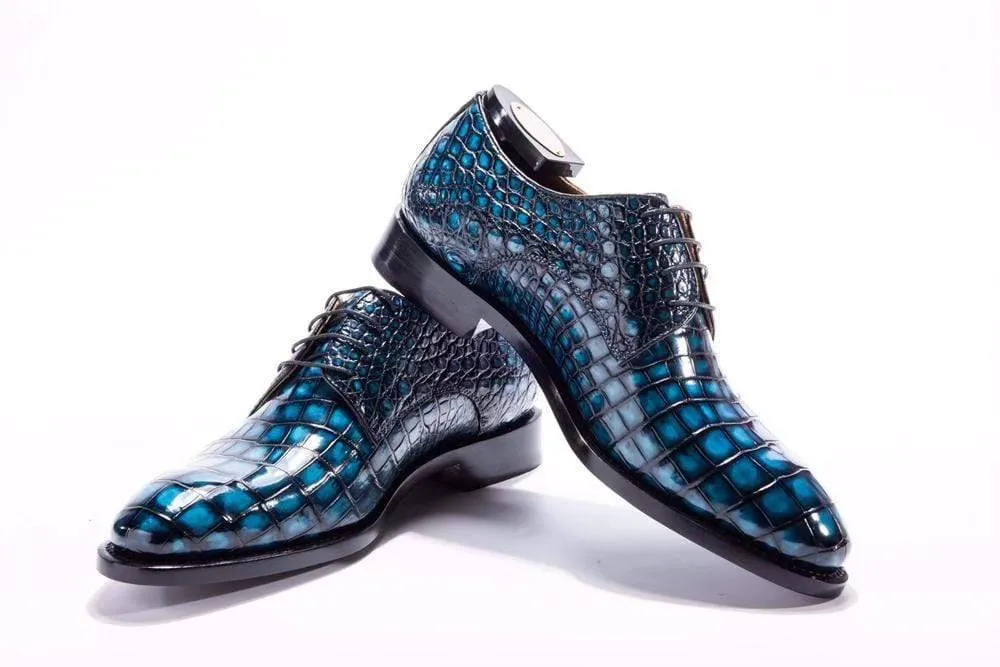 Crocodile Shoes Goodyear Welted Handmade Men Crocodile Leather Lace-Up Shoes,Teal Blue Mens Dress  shoes