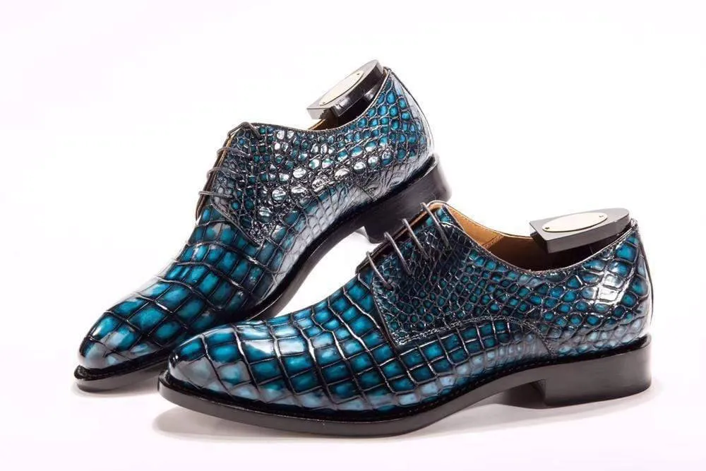 Crocodile Shoes Goodyear Welted Handmade Men Crocodile Leather Lace-Up Shoes,Teal Blue Mens Dress  shoes