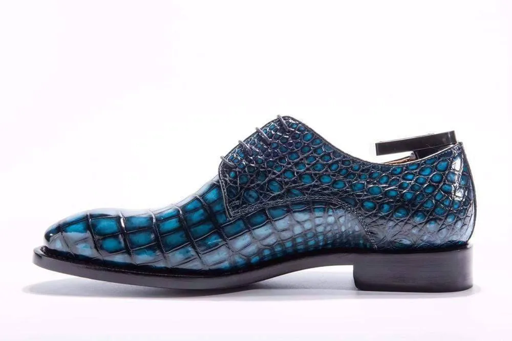 Crocodile Shoes Goodyear Welted Handmade Men Crocodile Leather Lace-Up Shoes,Teal Blue Mens Dress  shoes