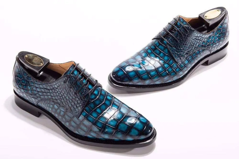 Crocodile Shoes Goodyear Welted Handmade Men Crocodile Leather Lace-Up Shoes,Teal Blue Mens Dress  shoes