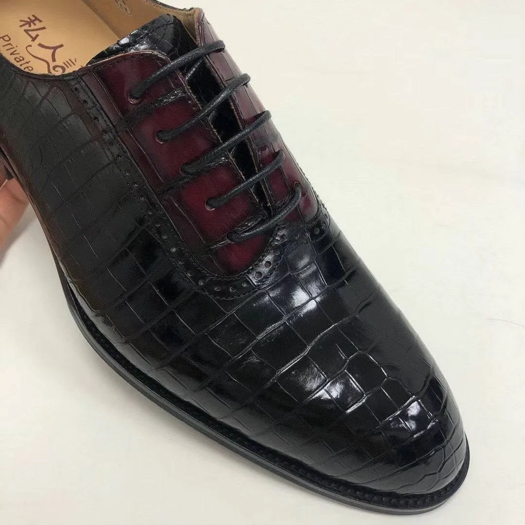 Crocodile Shoes Handmade Crocodile Leather  Vintage Two Tone Classic Lace Up Leather Lined Shoes