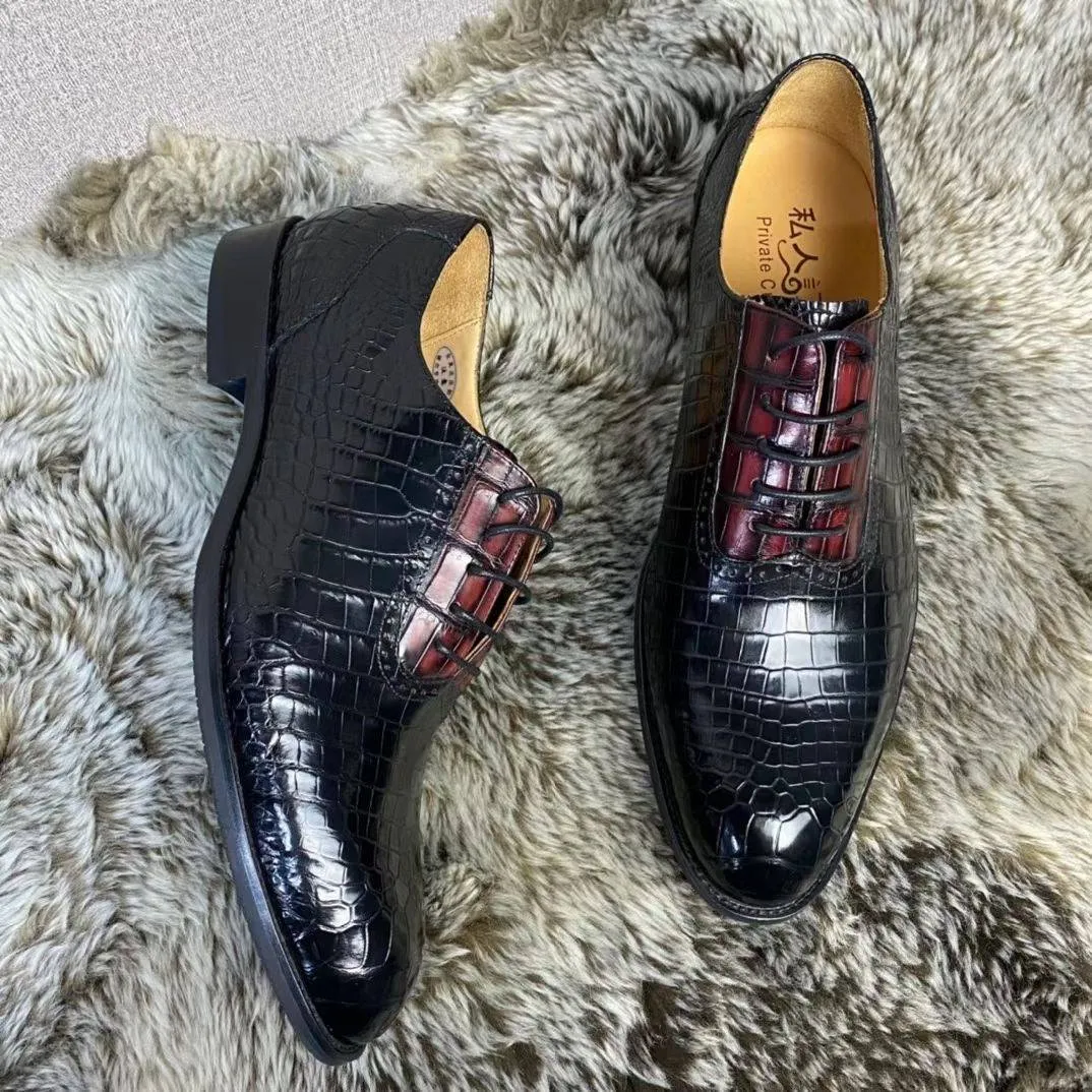 Crocodile Shoes Handmade Crocodile Leather  Vintage Two Tone Classic Lace Up Leather Lined Shoes