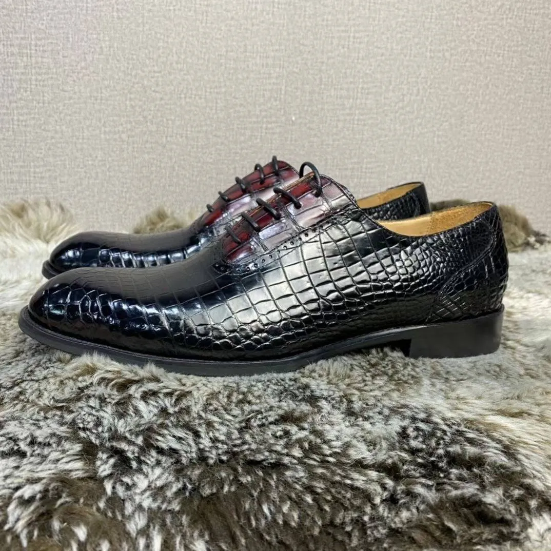 Crocodile Shoes Handmade Crocodile Leather  Vintage Two Tone Classic Lace Up Leather Lined Shoes