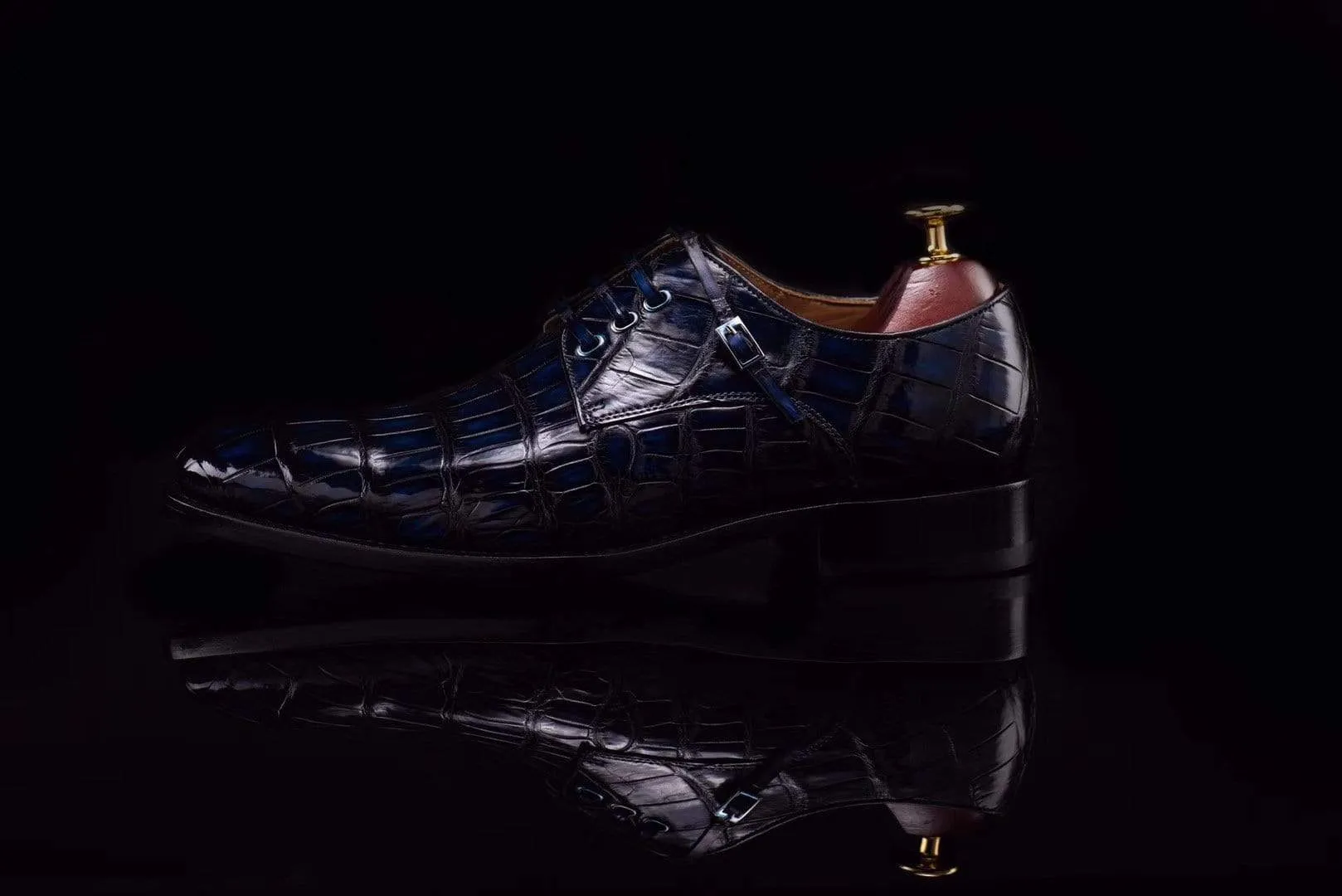 Crocodile Shoes Lace-Up Shoes In Dark Blue Crocodile Skin Leather