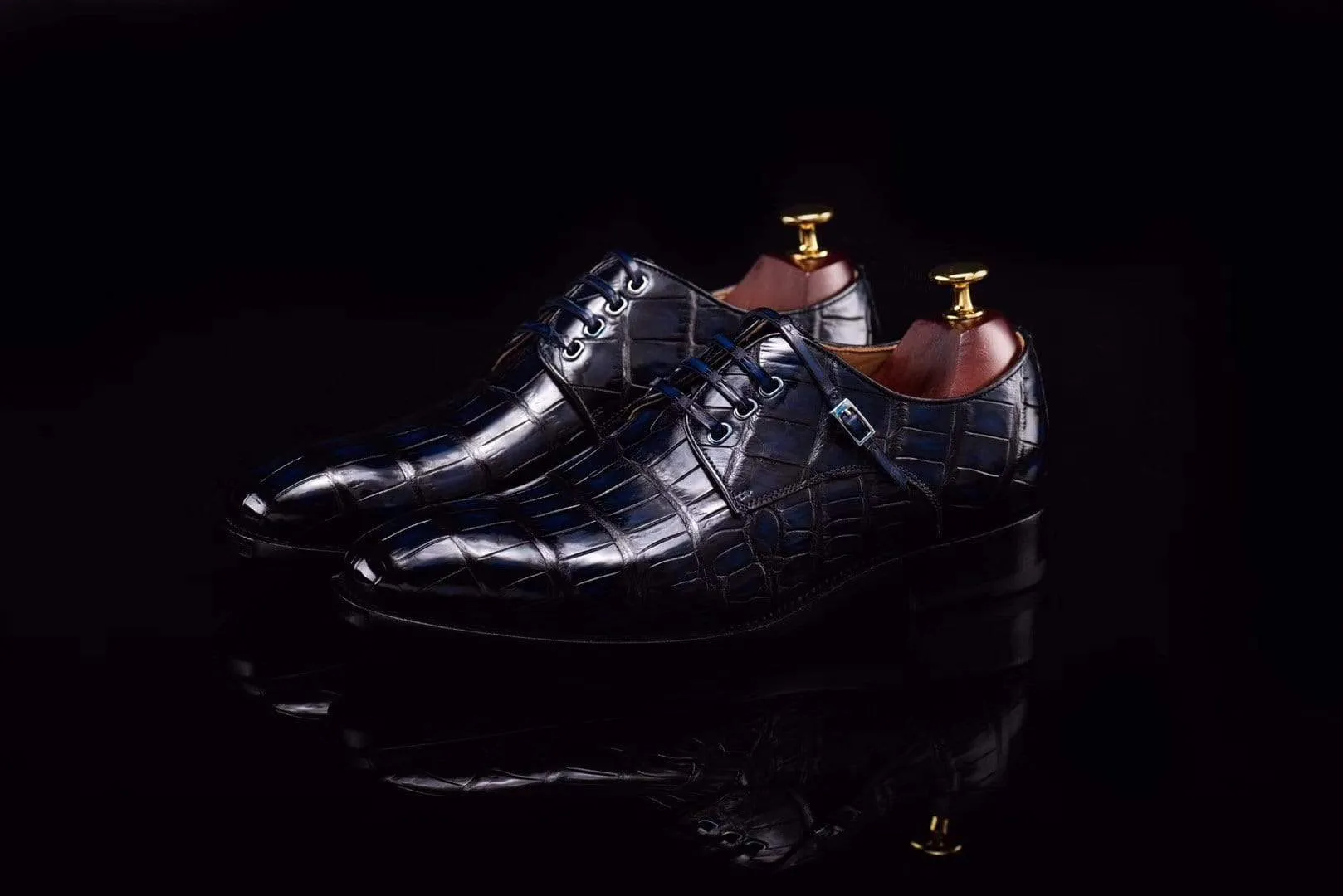 Crocodile Shoes Lace-Up Shoes In Dark Blue Crocodile Skin Leather