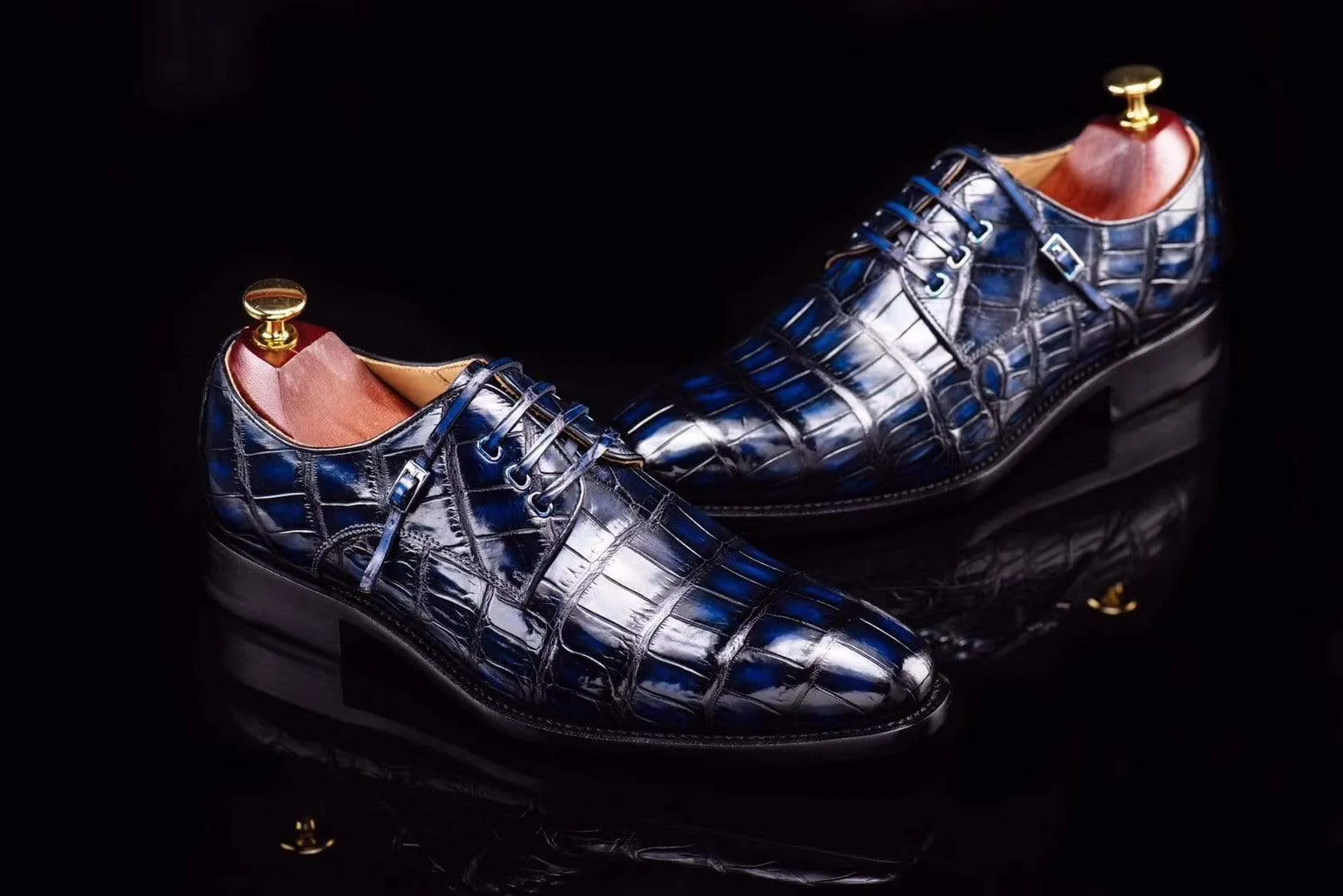 Crocodile Shoes Lace-Up Shoes In Dark Blue Crocodile Skin Leather