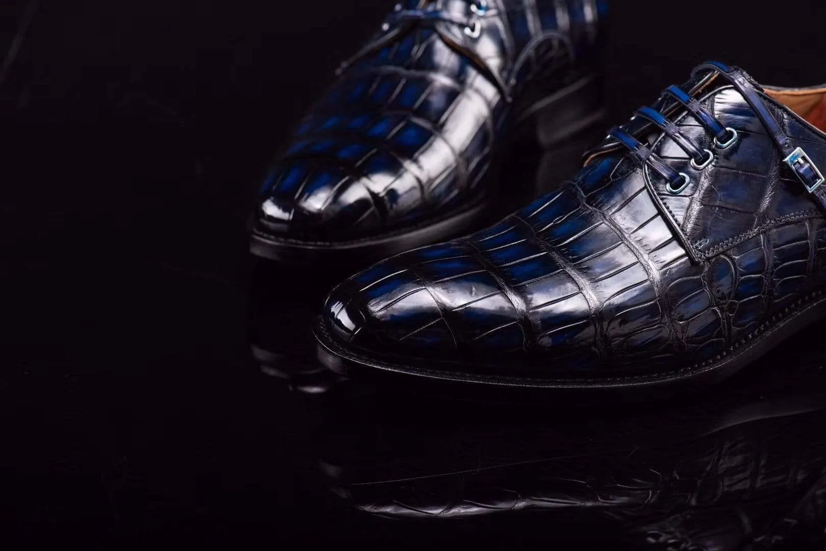 Crocodile Shoes Lace-Up Shoes In Dark Blue Crocodile Skin Leather