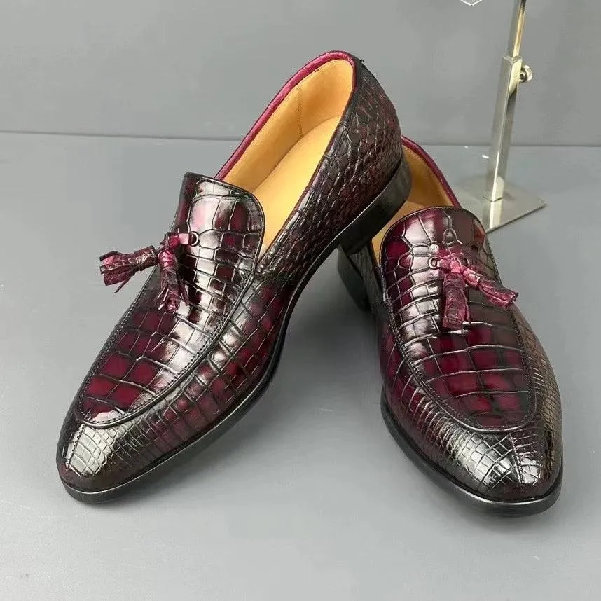 Crocodile Shoes Men's Crocodile Leather Loafers Slip-On Dress Shoes Vintage Wine Red