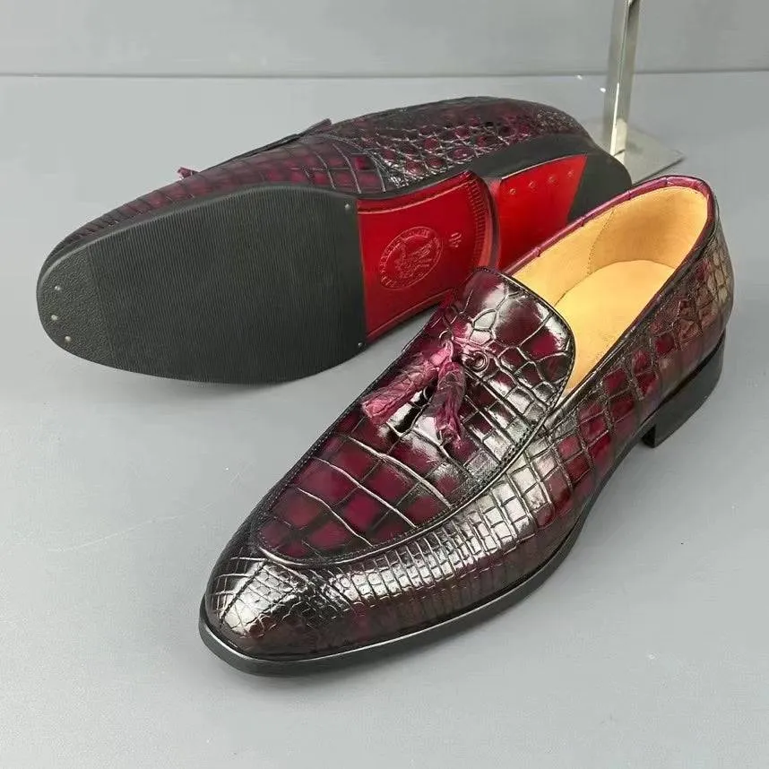 Crocodile Shoes Men's Crocodile Leather Loafers Slip-On Dress Shoes Vintage Wine Red