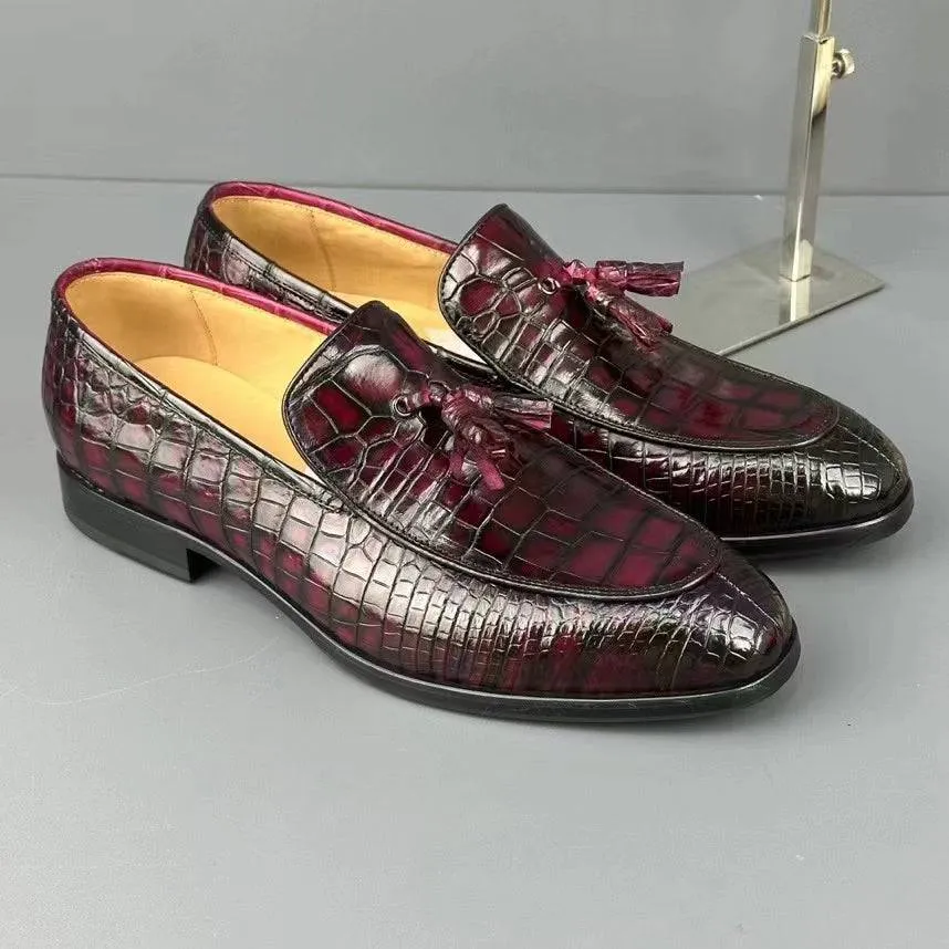 Crocodile Shoes Men's Crocodile Leather Loafers Slip-On Dress Shoes Vintage Wine Red