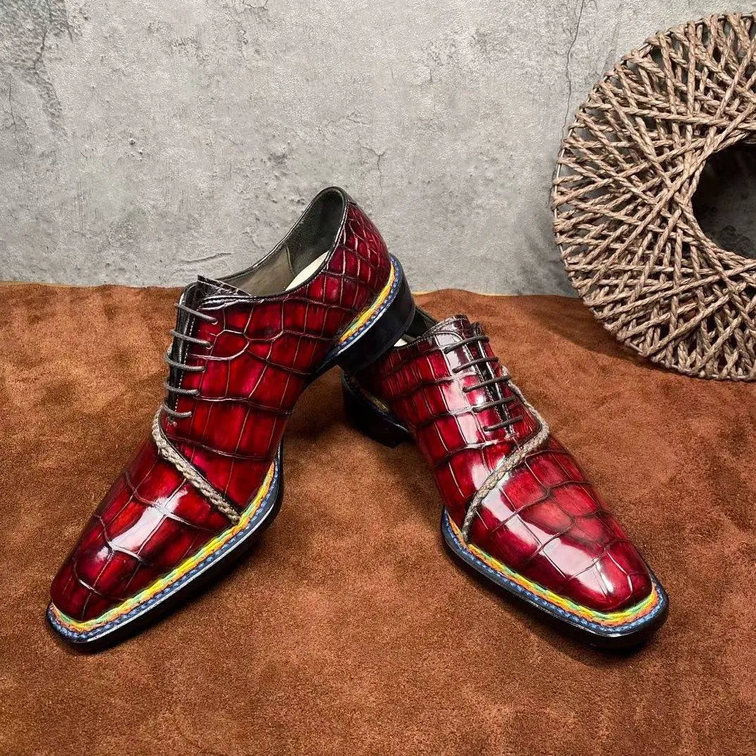 Crocodile Shoes Men's  Crocodile Leather  Norwegian Stitching Lace Up Dress Shoes Vintage Wine Red