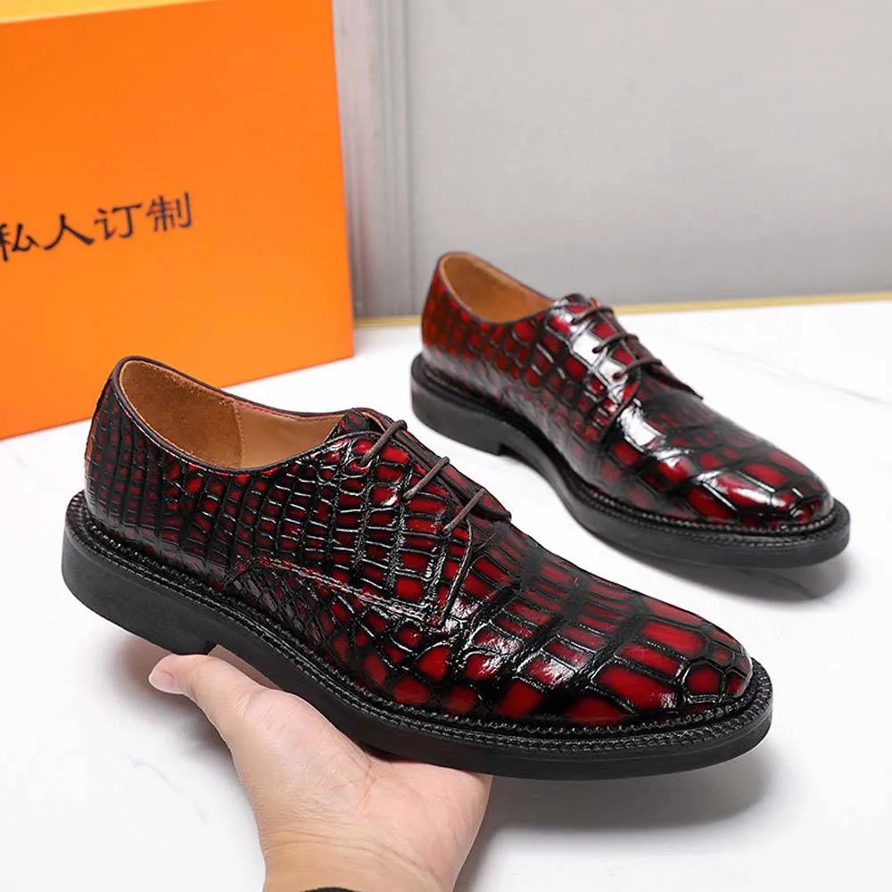 Crocodile Shoes Men's Crocodile Leather Shoes Lace Up Shoes Vintage Red