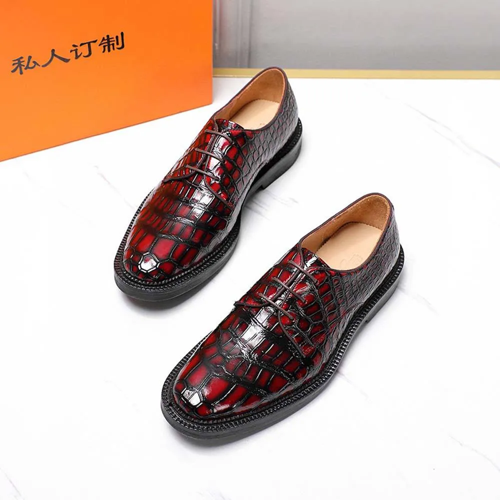 Crocodile Shoes Men's Crocodile Leather Shoes Lace Up Shoes Vintage Red