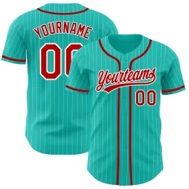 Custom Aqua White Pinstripe Red Authentic Baseball Jersey