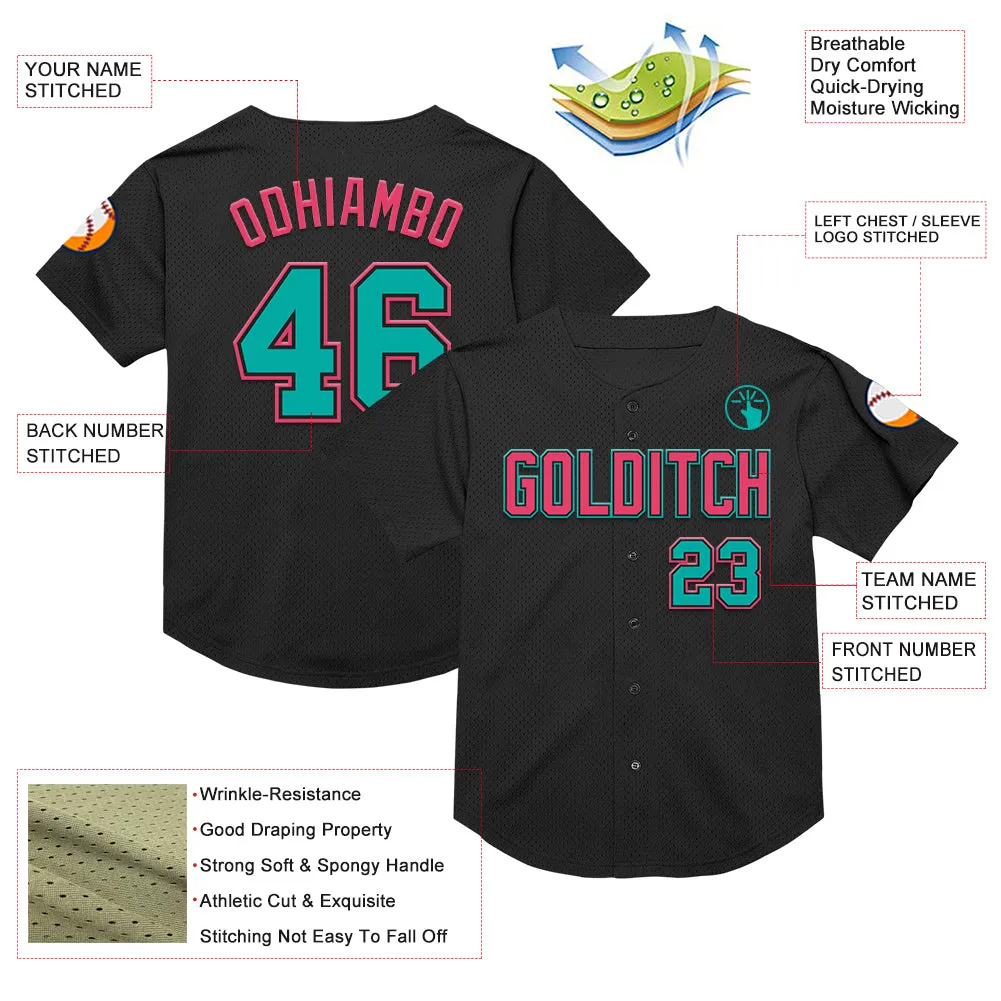 Custom Black Aqua-Neon Pink Mesh Authentic Throwback Baseball Jersey