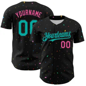 Custom Black Aqua-Pink 3D Pattern Design Confetti Authentic Baseball Jersey