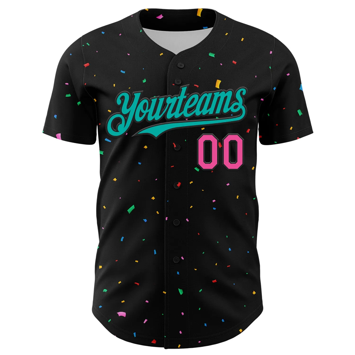 Custom Black Aqua-Pink 3D Pattern Design Confetti Authentic Baseball Jersey