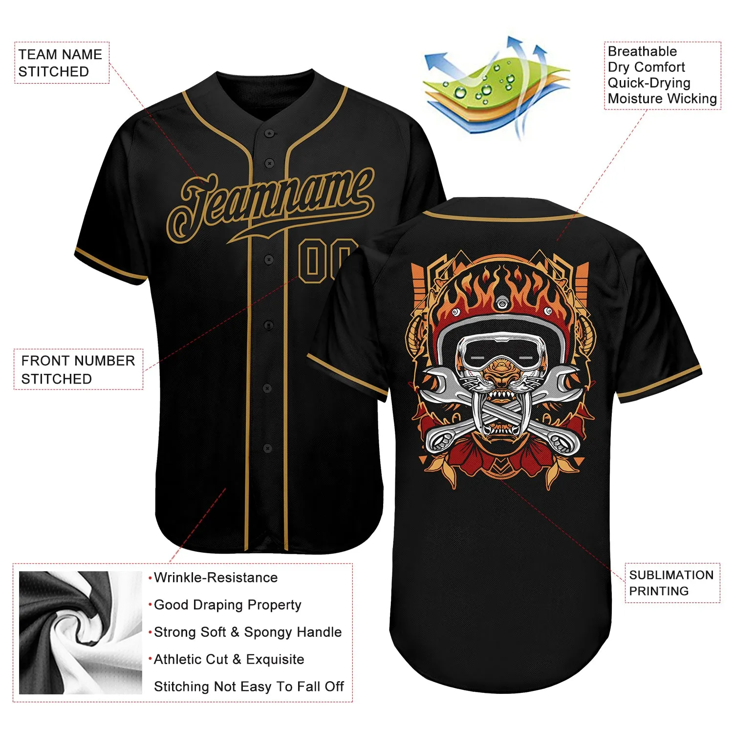 Custom Black Black-Old Gold Authentic Skull Fashion Baseball Jersey