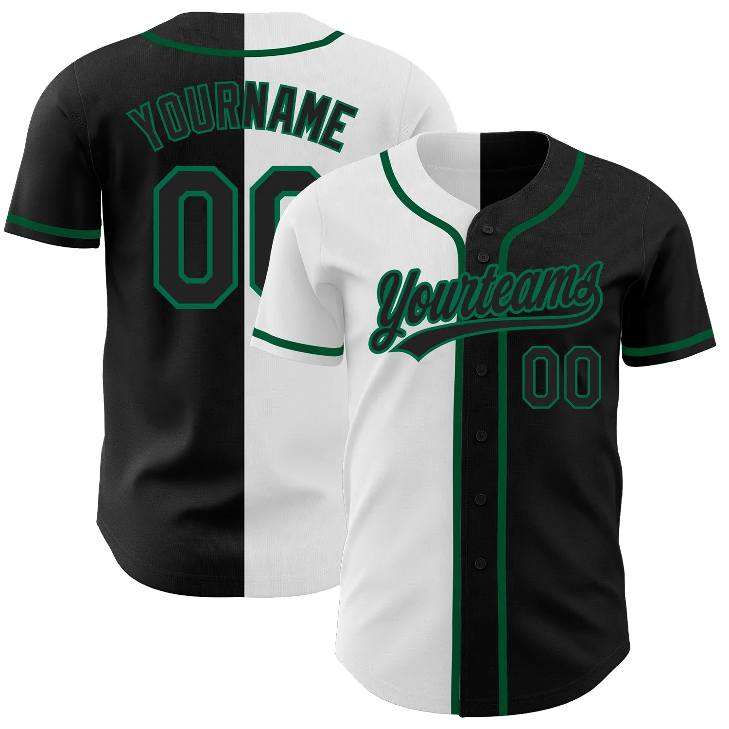 Custom Black Black White-Kelly Green Authentic Split Fashion Baseball Jersey