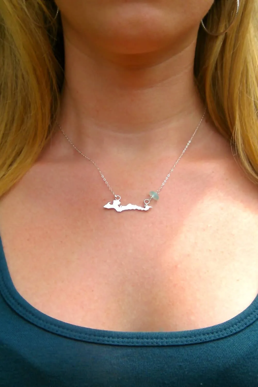 Custom Fishers Island Charm Necklace with Sea Glass Stone with Gift Box