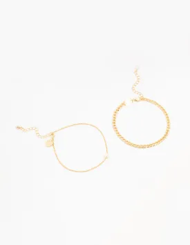 Gold Plated Pearl Curb Anklets 2-Pack