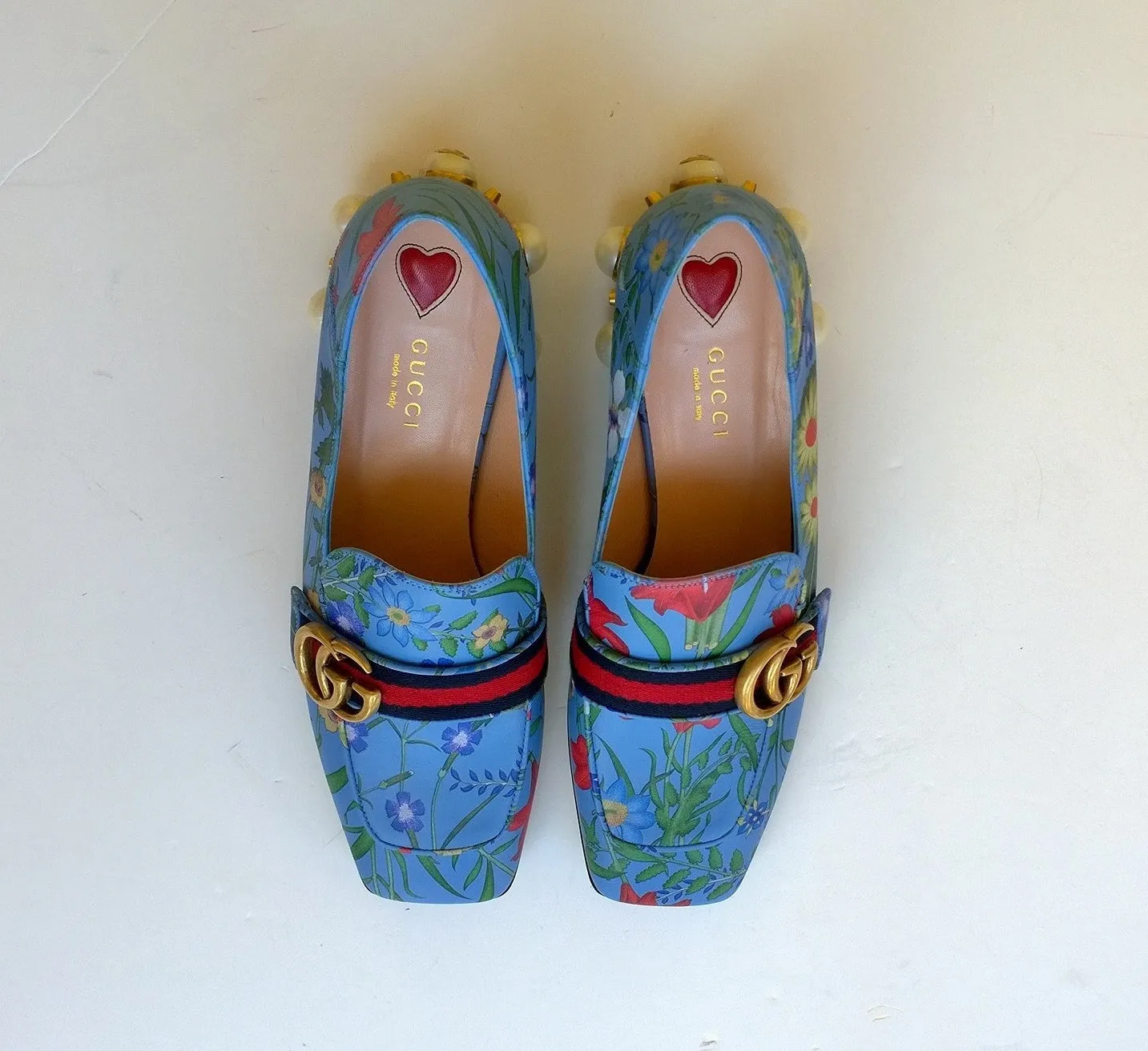 Gucci Blue Leather Flowers Loafers with GG studded Pearls