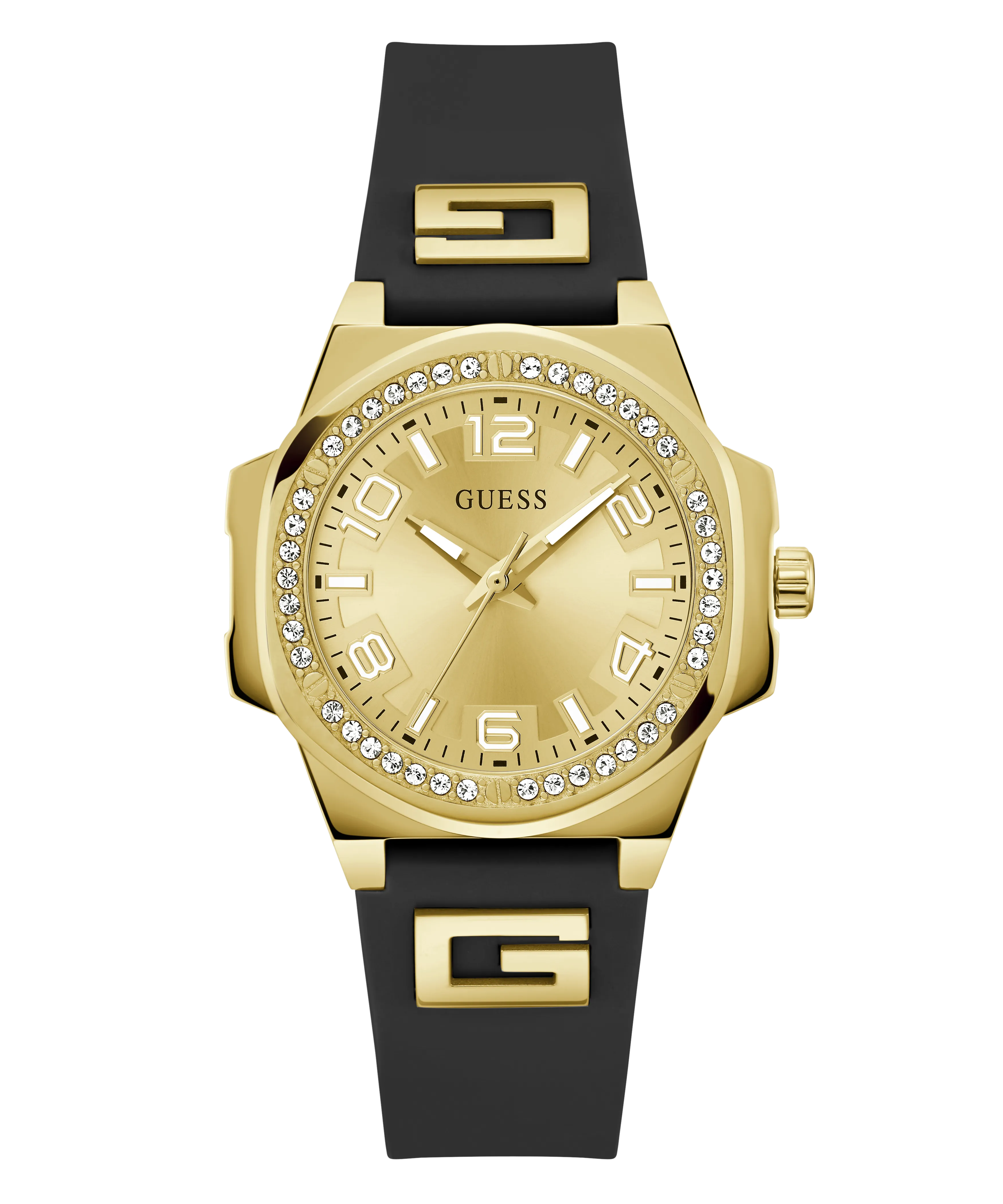 GUESS Ladies Black Gold Tone Analog Watch