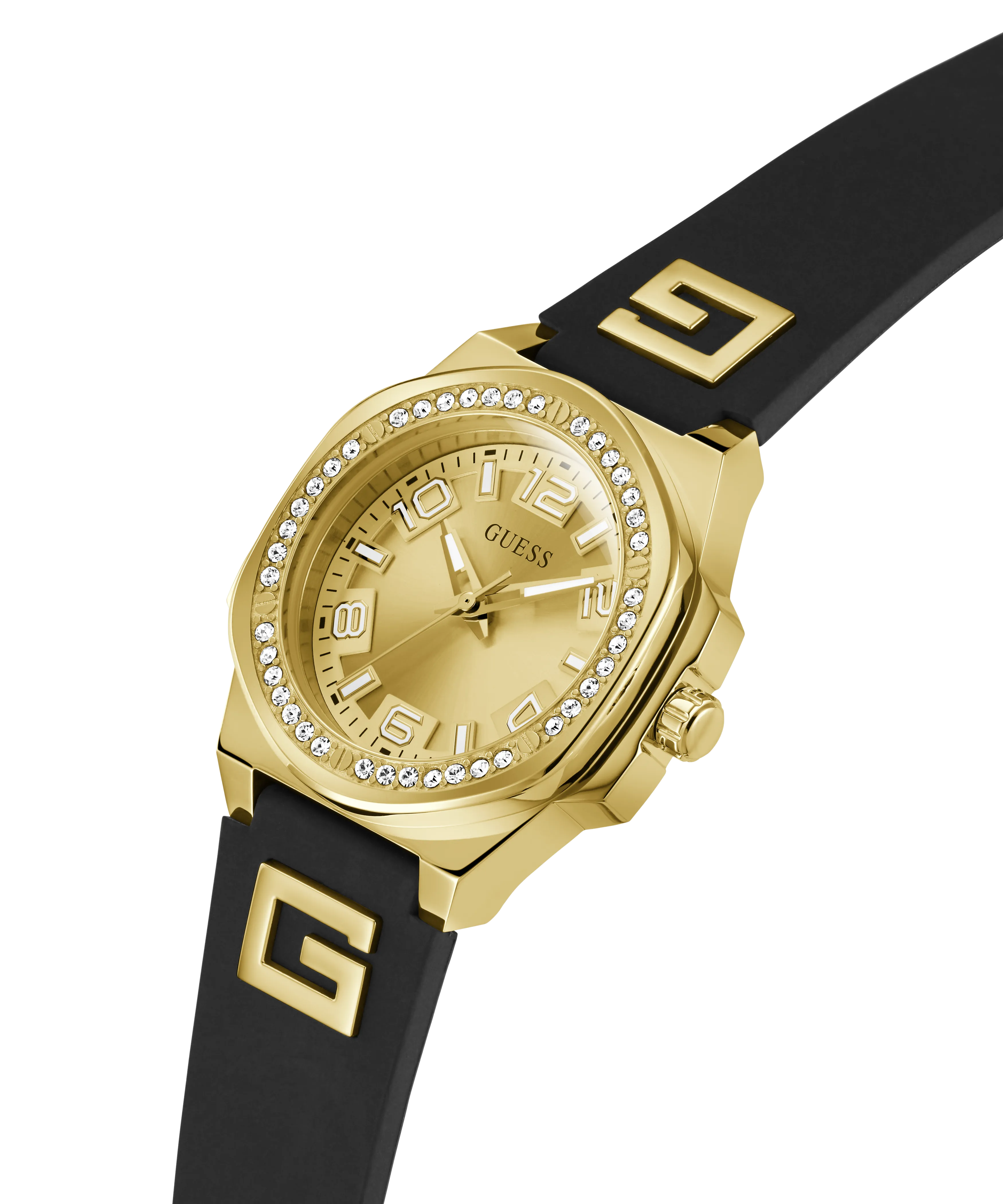 GUESS Ladies Black Gold Tone Analog Watch