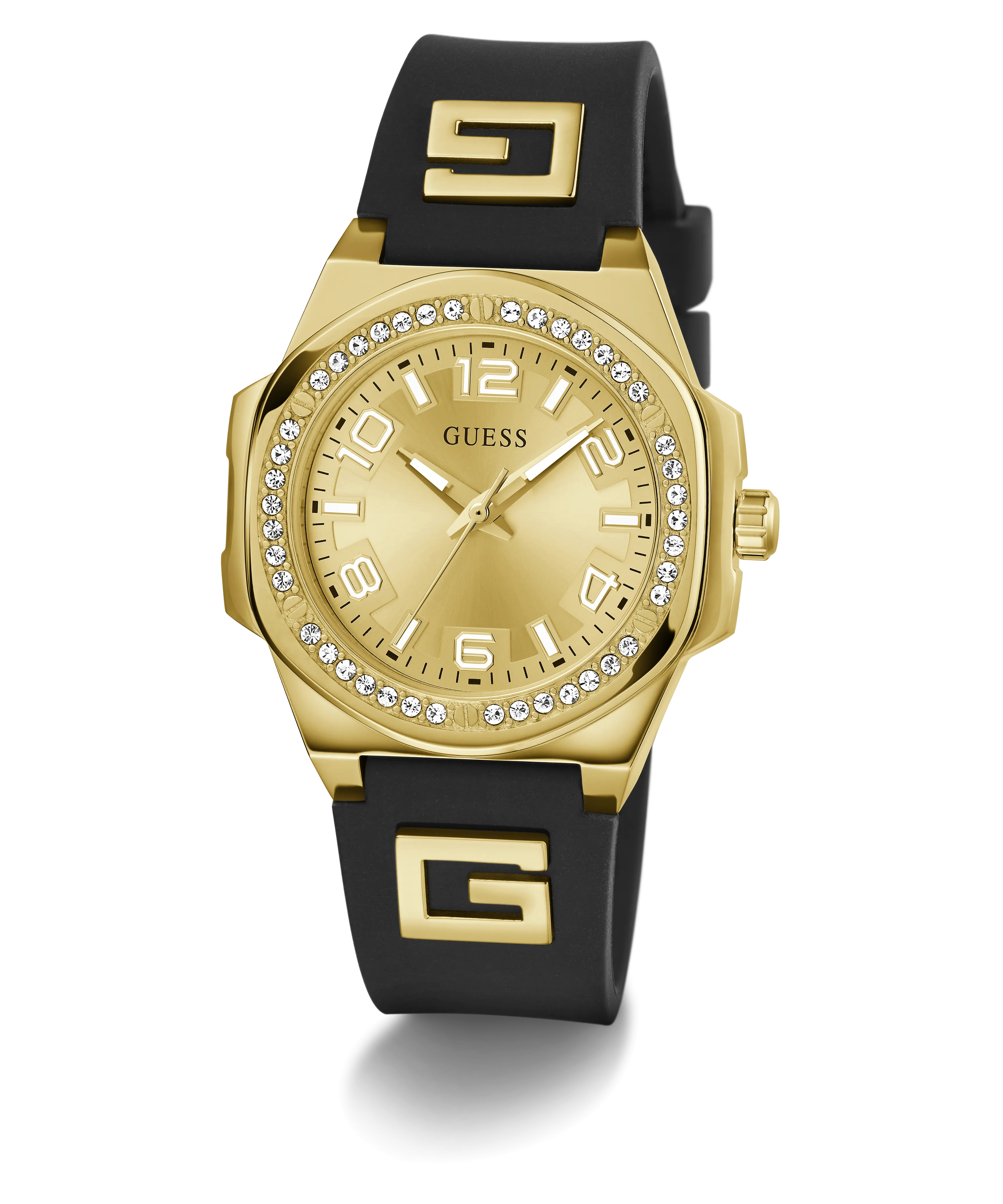 GUESS Ladies Black Gold Tone Analog Watch