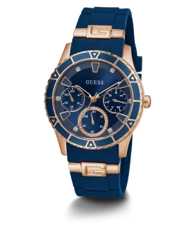 GUESS Ladies Blue Rose Gold Tone Multi-function Watch