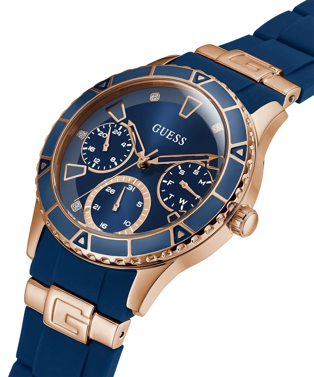 GUESS Ladies Blue Rose Gold Tone Multi-function Watch