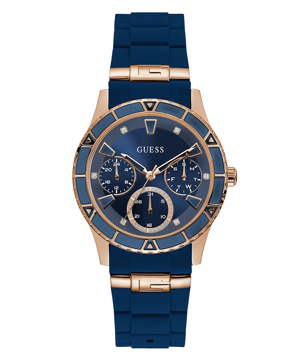 GUESS Ladies Blue Rose Gold Tone Multi-function Watch