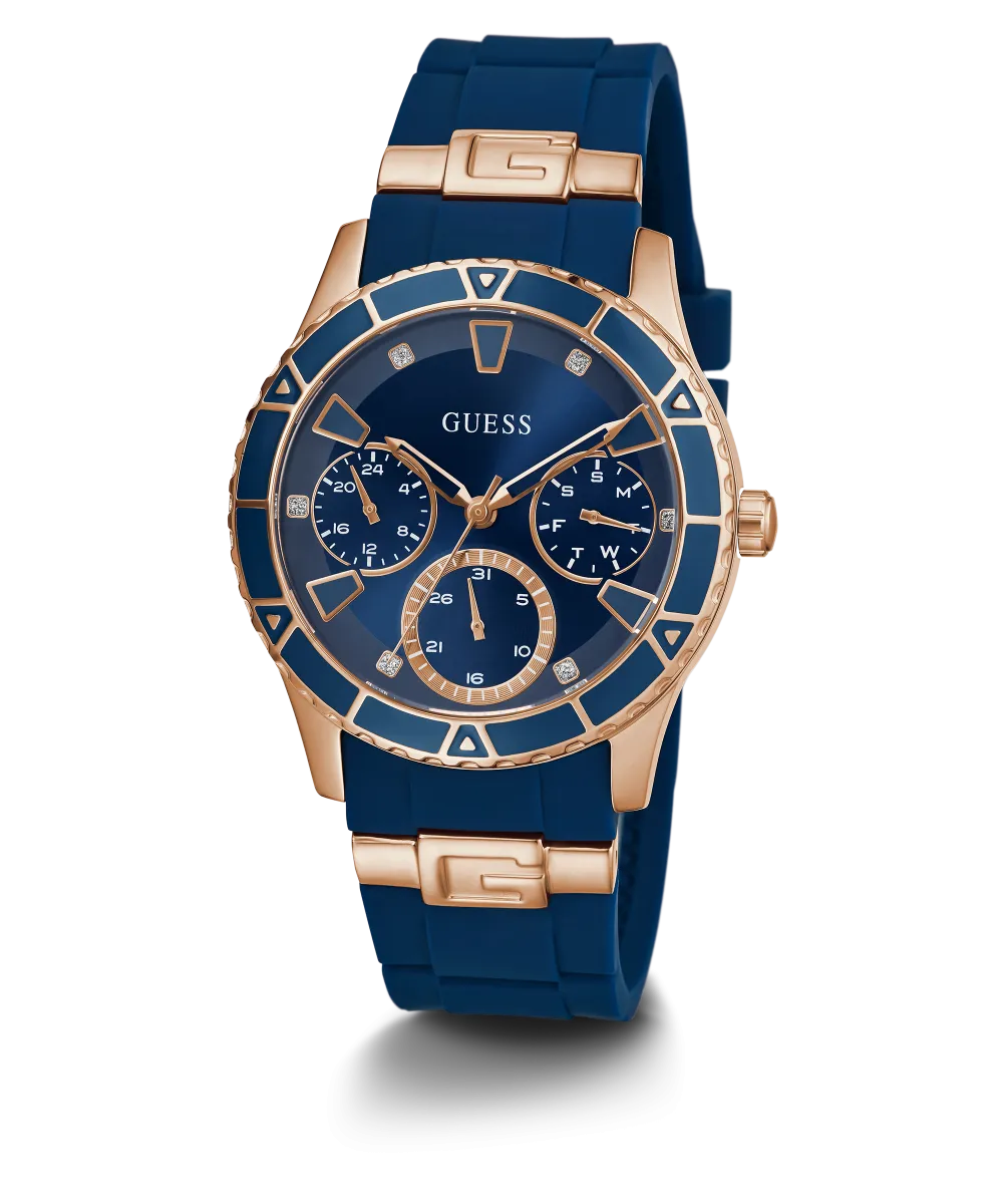 GUESS Ladies Blue Rose Gold Tone Multi-function Watch