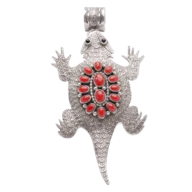 Handstamped Horned Toad Pin & Pendant with Coral & Onyx | Lee Charley