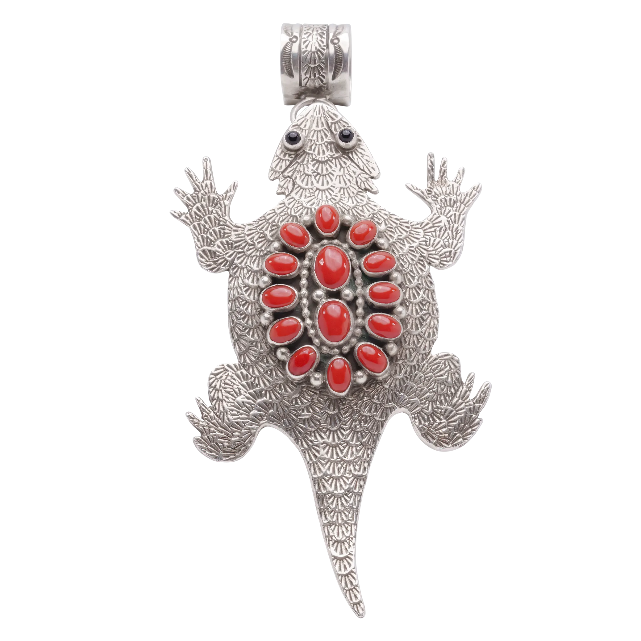 Handstamped Horned Toad Pin & Pendant with Coral & Onyx | Lee Charley