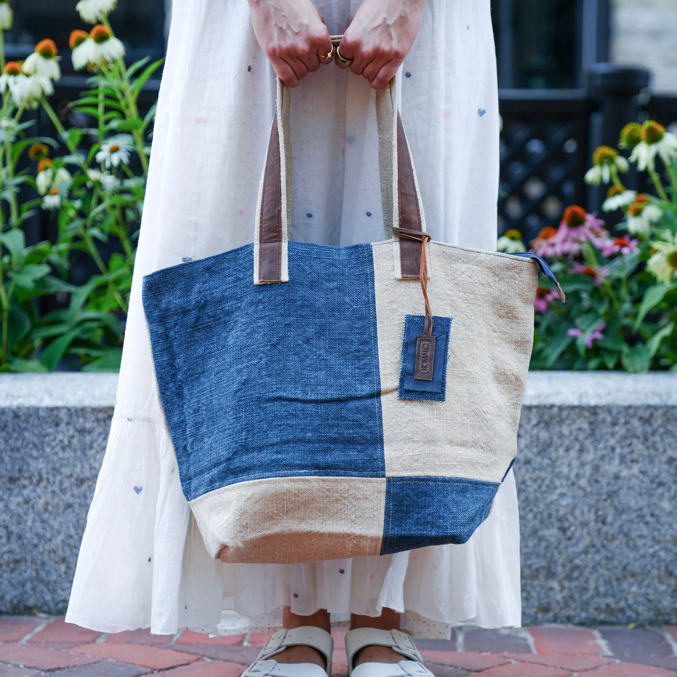 KomalC Tote Bag for Women, Stylish Two-Tone jute & premium leather bag, Ideal for Daily Use, Eco-Friendly Material, Perfect for Shopping, Work, and Casual Outings (Delphinium)