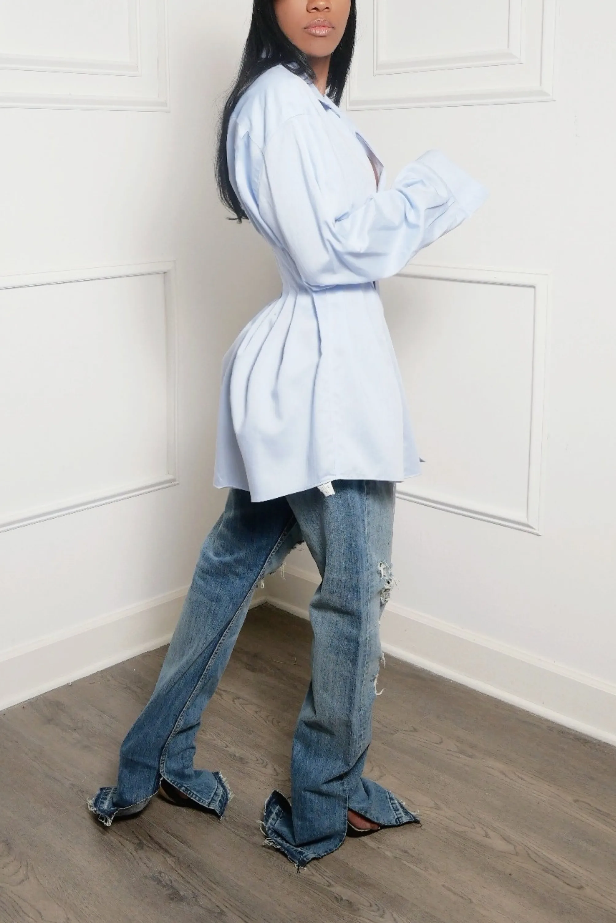 Light blue pleaded Cutout Shirt Dress (S/M)